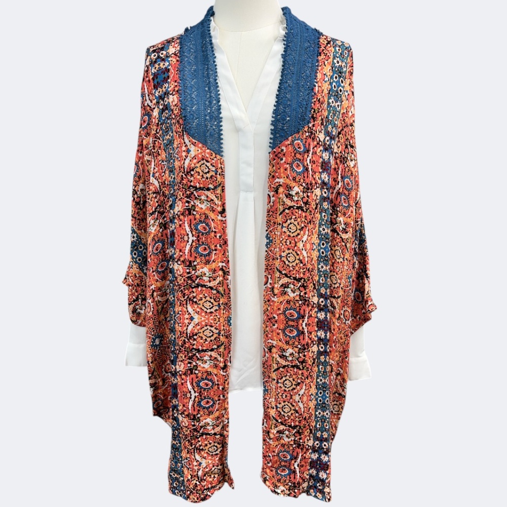 Sloane Rouge Kimono Cardigan Womens Medium Large Gold Blue Boho Crochet Made USA